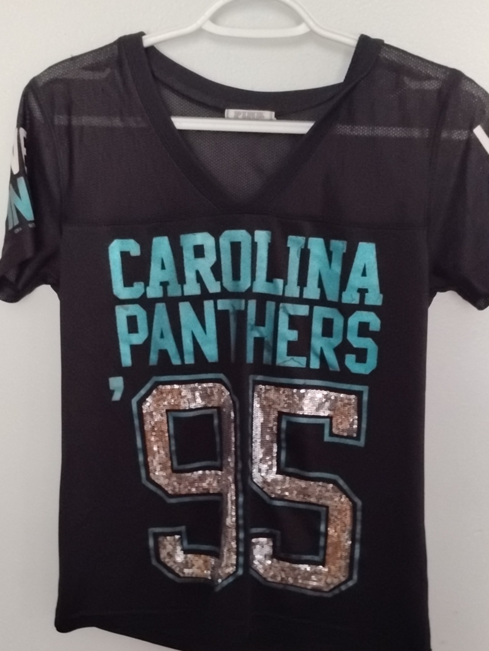 PINK Victoria's Secret Black Carolina Panthers Sequin '95 Tee